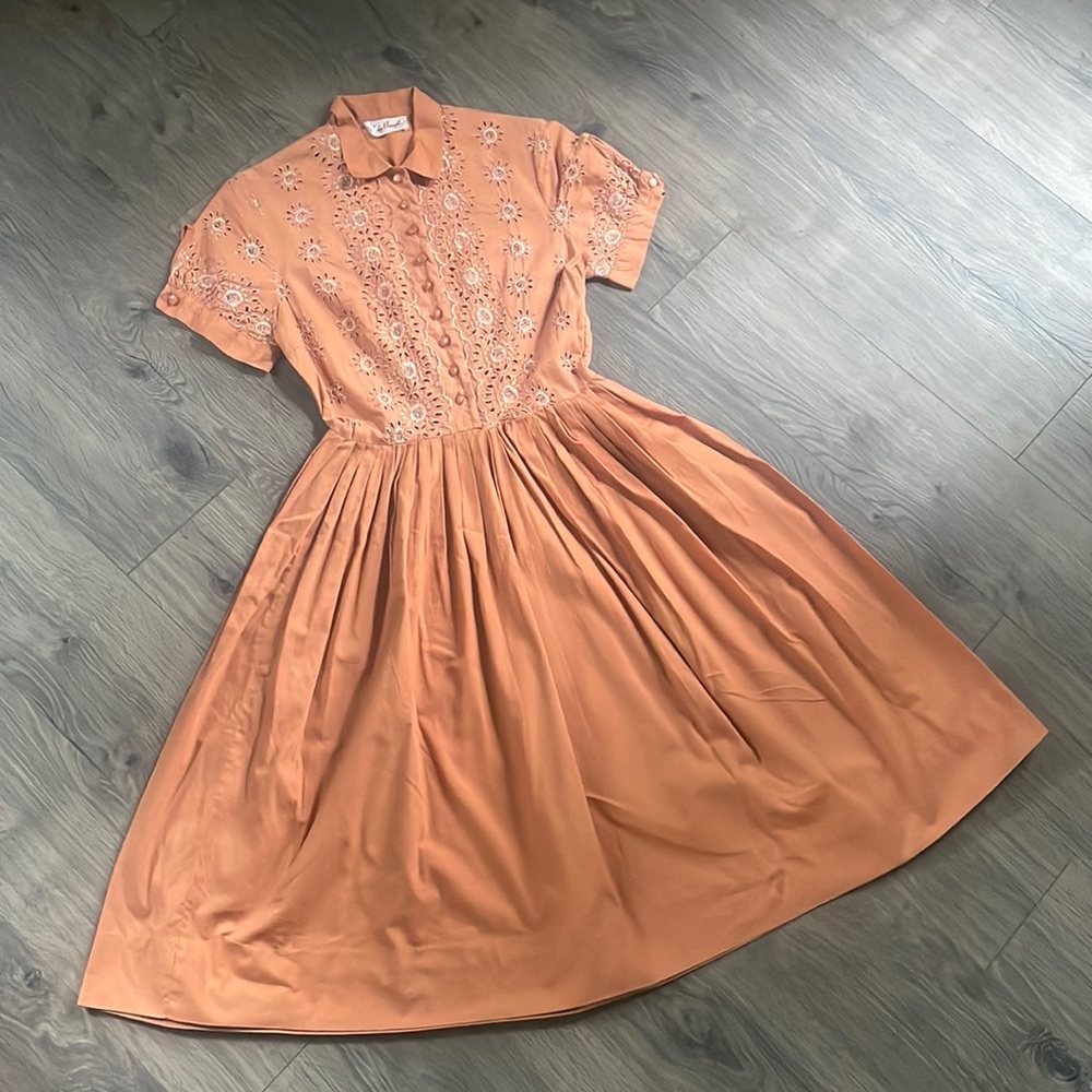 Vintage 1950’s Vicky Vaughn Floral Orange Collared Button Up Cotton Day Dress